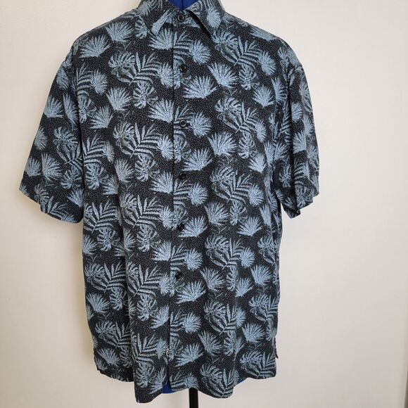 Nat Nast Shirt Mens Large Blue Palm Leaf Pattern Silk Cotton Button Up Resort - Picture 2 of 14